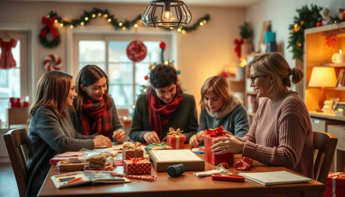 A family gathered around a table making handmade gifts and discussing budget-friendly holiday options, with a visible list of gift limits and cozy decorations in a warm atmosphere.