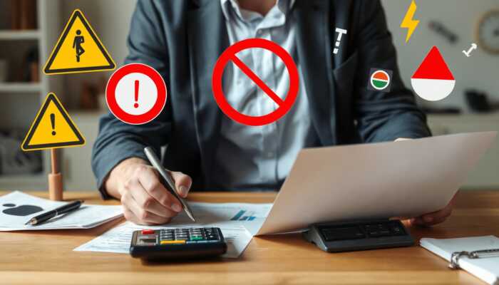 A concerned individual examining financial documents and a calculator, surrounded by warning signs, highlighting the risks of payday loans.