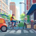 A city street scene with a car, a cyclist delivering food—a hallmark of gig economy jobs—a person at an outdoor café working on a laptop, and buildings with signs in the background. Greenery and streetlights are also visible.