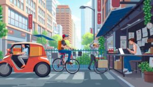 A city street scene with a car, a cyclist delivering food—a hallmark of gig economy jobs—a person at an outdoor café working on a laptop, and buildings with signs in the background. Greenery and streetlights are also visible.