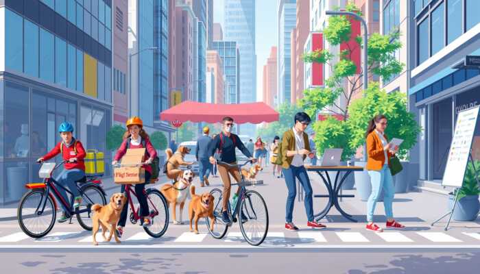 Urban street scene featuring diverse gig economy workers: a ride-share driver, a food delivery cyclist, a dog walker, a freelancer at a café, and a tutor in a park, illustrating the flexibility and fast-paced nature of gig jobs.