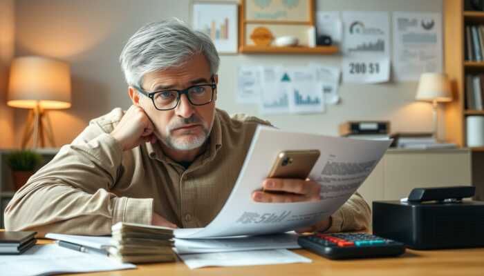 Individual analyzing financial documents and apps on a smartphone in a cozy home office, surrounded by bills and a calculator, reflecting concern about short-term cash advances.