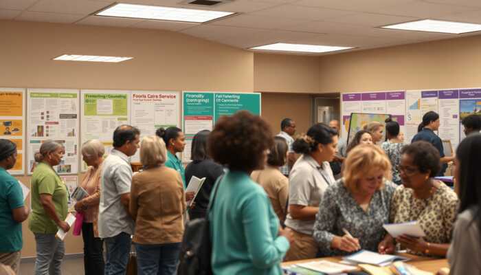 A busy community resource center where individuals receive support services like food distribution, utility assistance, and financial counseling, with volunteers and staff engaging with a diverse group of people in a welcoming environment.