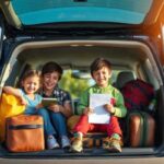 Three children sit in the open trunk of a car with luggage and backpacks, smiling and holding papers or tablets—clearly excited as part of their family vacation planning. They appear to be ready for a trip, with a sunny outdoor background.