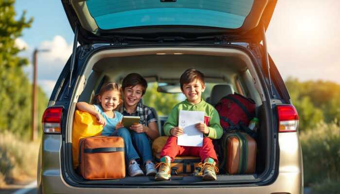 Three children sit in the open trunk of a car with luggage and backpacks, smiling and holding papers or tablets—clearly excited as part of their family vacation planning. They appear to be ready for a trip, with a sunny outdoor background.