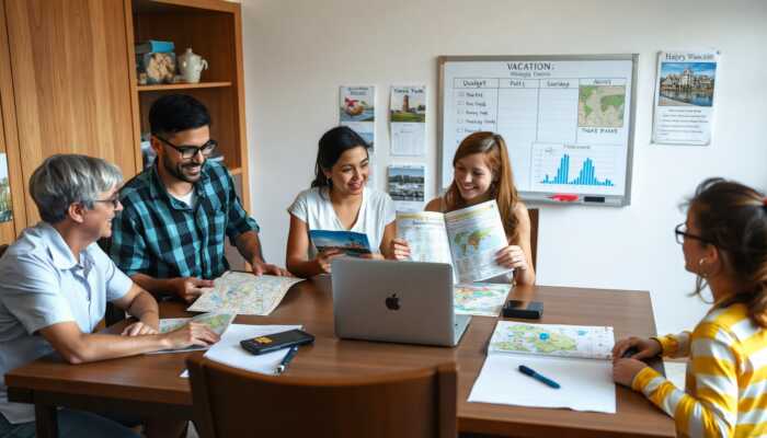 A family collaboratively planning their vacation at a table filled with maps, brochures, and a laptop, with a whiteboard outlining their budget, destination options, and assigned roles.