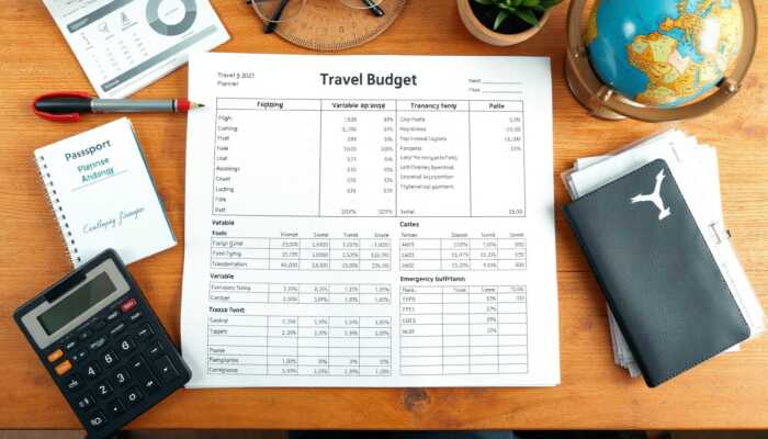 A travel budget planner on a wooden table, showing organized expense categories for fixed and variable costs, along with an emergency buffer, accompanied by a calculator, globe, and passport.