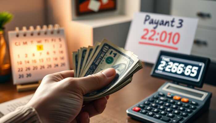 Hand holding a stack of cash in front of a calendar marked with a payday date and a calculator, highlighting the urgency of payday loan repayment.