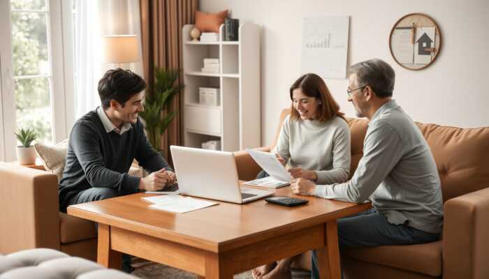 A family discussing finances together in a cozy living room, surrounded by a laptop, papers, and a calculator, highlighting collaboration and support in managing expenses.