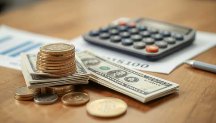 A close-up of a stack of bills and coins on a wooden table, with a blurred financial document and calculator in the background, representing personal finance and loans.
