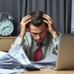 A man in a shirt and tie sits at a desk cluttered with papers, holding his head in frustration. A laptop, clock, and graphs are visible in the background, hinting at stress from managing timing payday loans alongside his workload. The scene suggests feelings of overwhelm as he juggles financial pressures with office tasks.