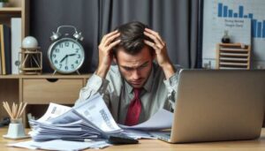 A man in a shirt and tie sits at a desk cluttered with papers, holding his head in frustration. A laptop, clock, and graphs are visible in the background, hinting at stress from managing timing payday loans alongside his workload. The scene suggests feelings of overwhelm as he juggles financial pressures with office tasks.