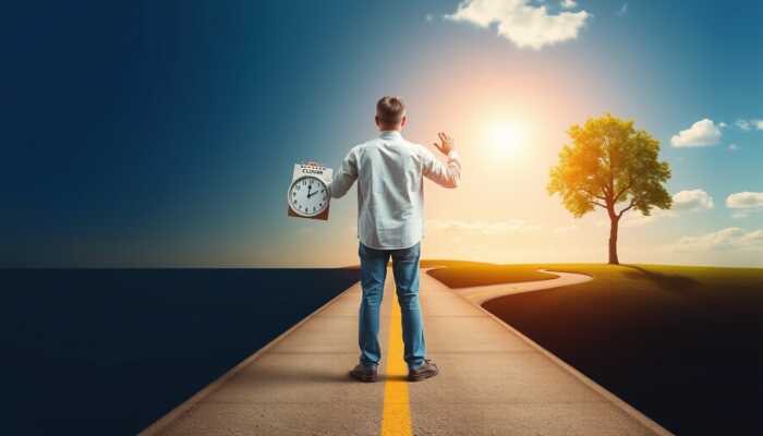 A person at a crossroads holding a calendar and clock, with one path leading to payday loans represented by coins and the other to a stable future symbolized by a sunny horizon and a growing tree.