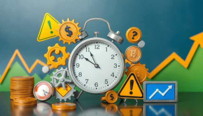 Illustration of a clock with gears symbolizing timing strategies, surrounded by payday loan symbols like coins and cash, against a backdrop of a financial graph.