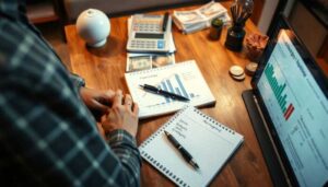 Person at a desk with financial charts, calculator, cash, and a laptop displaying graphs—carefully strategizing how to reduce payday loan interest. A notebook with “Work plan” is visible, alongside a piggy bank, pens, and desk lamp in the background.