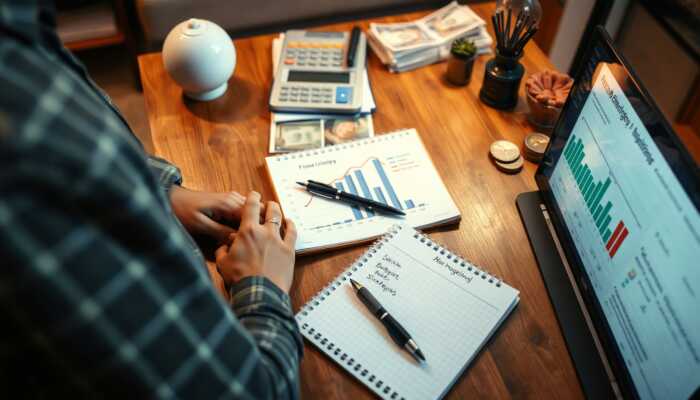 Person at a desk with financial charts, calculator, cash, and a laptop displaying graphs—carefully strategizing how to reduce payday loan interest. A notebook with “Work plan” is visible, alongside a piggy bank, pens, and desk lamp in the background.