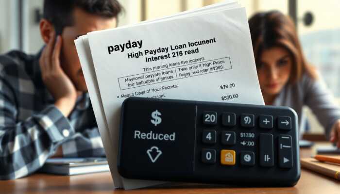A worried person analyzing payday loan documents with high interest rates, next to a calculator showing reduced costs, surrounded by contrasting dark money symbols and bright savings icons.