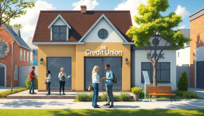 A friendly credit union building and a welcoming bank in a vibrant neighborhood, with people discussing finances and receiving assistance from a charity.