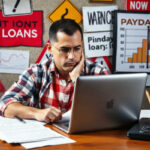 A man sits at a desk with papers, a laptop, and office supplies, looking at his screen. Behind him are warning signs about payday loan scams and charts about payday loans on a wall with a corkboard background.