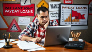 A man sits at a desk with papers, a laptop, and office supplies, looking at his screen. Behind him are warning signs about payday loan scams and charts about payday loans on a wall with a corkboard background.