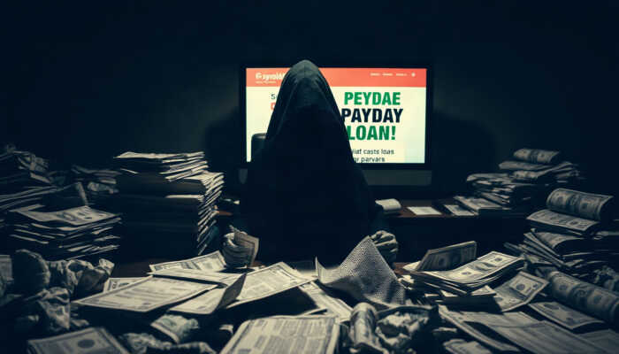 A shadowy figure at a cluttered desk surrounded by crumpled bills and loan documents, with a computer screen showing a deceptive payday loan advertisement, conveying the stress of financial scams.