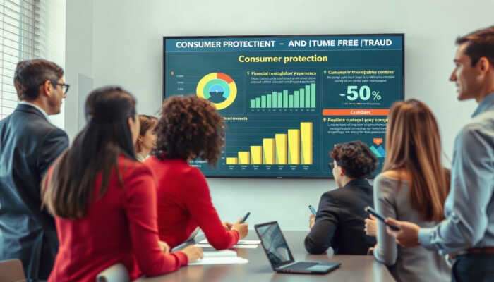 A diverse group of professionals in an office discussing consumer protection, with a digital screen showing graphs about financial fraud and regulatory agencies.