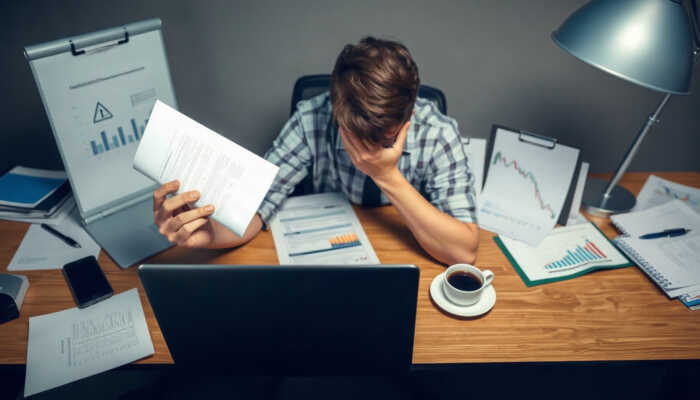 A worried individual at a desk with a laptop and smartphone displaying a warning, reviewing financial documents and a cup of coffee nearby.
