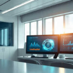 Two computer monitors on a desk display data analytics and cybersecurity visuals, including detailed payday loan software dashboards, in a modern office with large windows, a glass meeting room, and a whiteboard in the background. Sunlight shines through the windows.