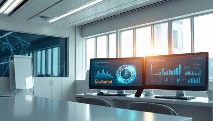 Two computer monitors on a desk display data analytics and cybersecurity visuals, including detailed payday loan software dashboards, in a modern office with large windows, a glass meeting room, and a whiteboard in the background. Sunlight shines through the windows.