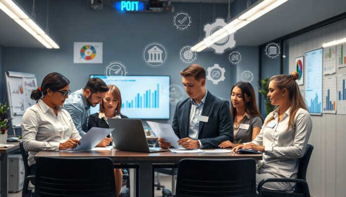 Diverse team of professionals collaborating in a modern office, analyzing compliance documents and data charts for personal lending, surrounded by technology elements and regulatory symbols.