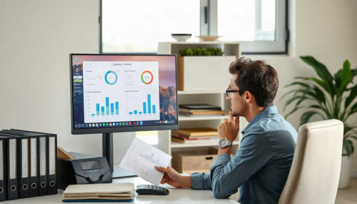 A modern office with a computer displaying charts, organized files, and a person reviewing documents, highlighting compliance tools like automated disclosures and checklists.
