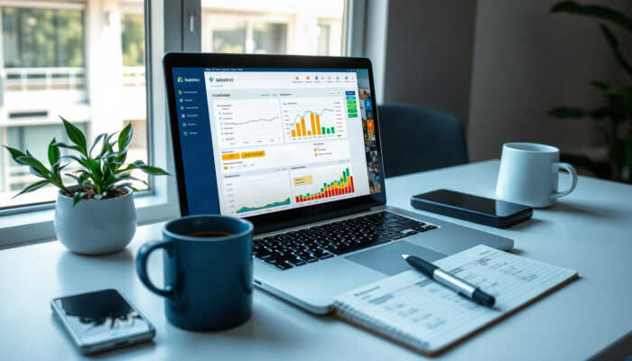 A modern office desk with a laptop displaying financial software, a notepad with compliance checklists, a coffee cup, and a potted plant, illuminated by natural light.