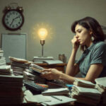 A woman sits at a cluttered desk with paperwork, holding her face and appearing thoughtful. A lit light bulb glows behind her head, and a large clock on the wall shows 9:05. Amidst the stacks of documents and a calculator on the desk, overdue notices hint at mounting payday loan debt.