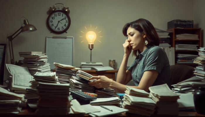 A woman sits at a cluttered desk with paperwork, holding her face and appearing thoughtful. A lit light bulb glows behind her head, and a large clock on the wall shows 9:05. Amidst the stacks of documents and a calculator on the desk, overdue notices hint at mounting payday loan debt.
