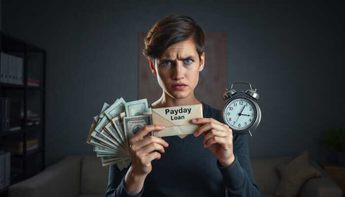 A worried person in a dimly lit room holding bills and a "Payday Loan" envelope, with a clock indicating urgency and financial stress.