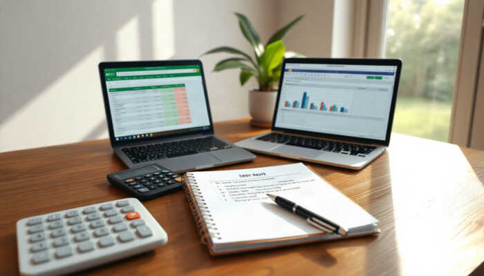 A serene home office with a wooden desk, notepad detailing a debt repayment plan, calculator, and laptop displaying a budgeting spreadsheet, illuminated by soft natural light and featuring a potted plant.