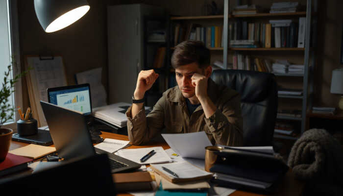 A concerned individual at a cluttered desk with bills and loan documents, looking overwhelmed while using a laptop and calculator in a dimly lit home office.