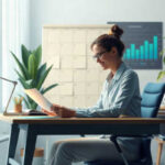 A woman sits at a desk in a modern office, reading a document, her expression revealing signs of payday loan stress. The workspace is thoughtfully arranged with plants, a lamp, books, and a wall calendar. A chart with rising bars is visible on the wall behind her as natural light flows in from the window.