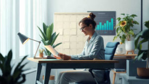 A woman sits at a desk in a modern office, reading a document, her expression revealing signs of payday loan stress. The workspace is thoughtfully arranged with plants, a lamp, books, and a wall calendar. A chart with rising bars is visible on the wall behind her as natural light flows in from the window.