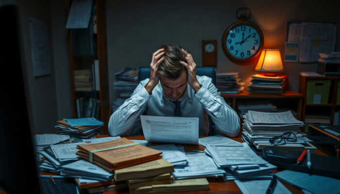 A stressed individual at a cluttered desk with bills and loan documents, head in hands, in a dimly lit room with a ticking clock, symbolizing financial pressure and urgency.