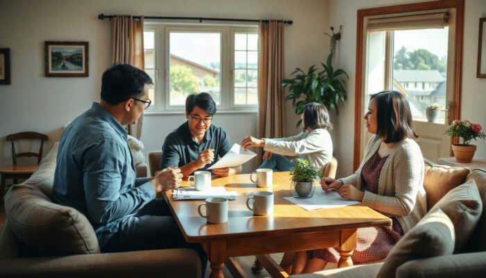 A family gathering in a cozy living room discussing finances, surrounded by coffee mugs and papers, creating a supportive atmosphere.