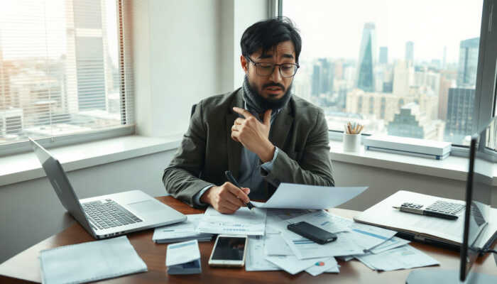 A concerned individual reviewing financial documents at a desk, highlighting caution in managing payday loans.