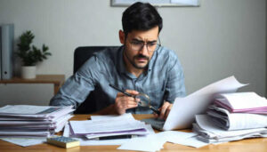A man wearing glasses sits at a desk covered with papers, holding a magnifying glass and examining a document. He appears focused and serious, surrounded by stacks of paperwork and a calculator, as he investigates potential payday loan fraud.