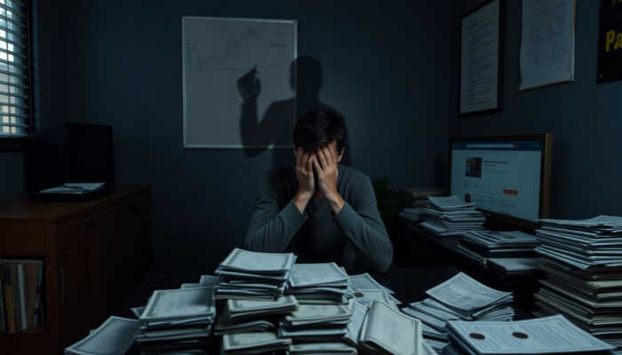 A distressed individual sits at a table covered in bills and loan documents, while a shadowy figure holds a fake check and a computer screen shows a fraudulent loan website.