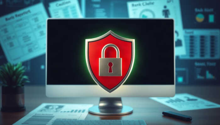 A locked computer screen with a padlock symbol and a shield, symbolizing identity protection, with abstract bank statements and credit reports in the background.