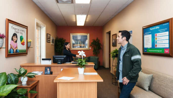 A friendly teller assisting a customer in a cozy community bank, with financial literacy posters and small loan options in a welcoming atmosphere.