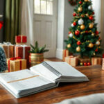 A spiral-bound notebook is open on a wooden table in a living room decorated for Christmas, with wrapped gifts, a Christmas tree, and two lit fireplaces in the background—setting the perfect scene for planning your holiday budget.