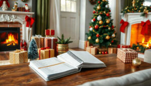 A spiral-bound notebook is open on a wooden table in a living room decorated for Christmas, with wrapped gifts, a Christmas tree, and two lit fireplaces in the background—setting the perfect scene for planning your holiday budget.