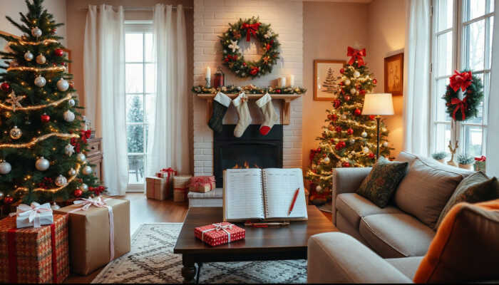 Cozy holiday living room with a decorated Christmas tree, stockings by the fireplace, and a budgeting planner on the coffee table, surrounded by festive decorations and gifts.