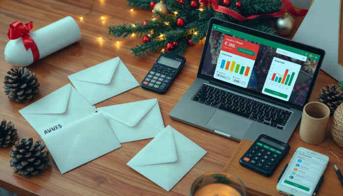 A festive holiday budgeting setup with labeled envelopes for spending categories, a laptop showing a budgeting app with graphs, a smartphone with coupon alerts, and a calculator, surrounded by holiday decorations.